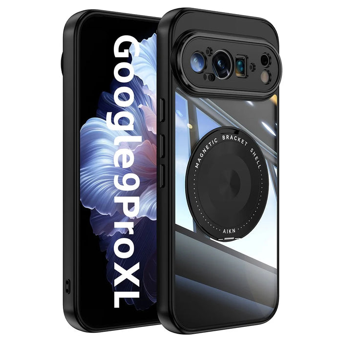 For Google Pixel 9 Pro XL Magnetic Case PC + TPU Phone Cover with Rotating Metal Kickstand, Lens Protector - Black - 1