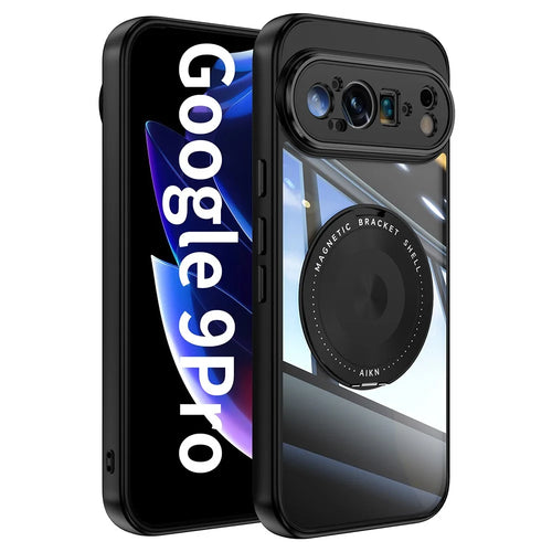 For Google Pixel 9 Pro Magnetic Case PC + TPU Phone Cover with Rotating Metal Kickstand, Lens Protector - Black - 1