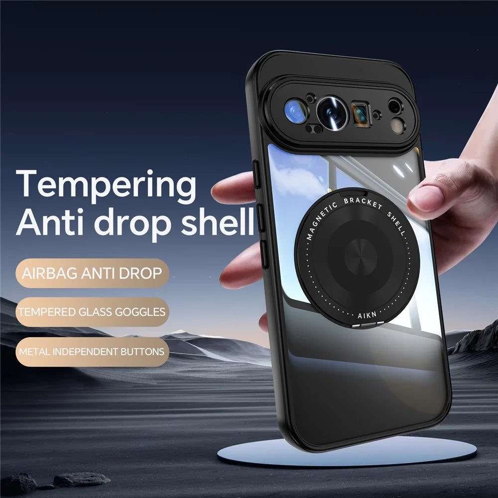For Google Pixel 9 Pro Magnetic Case PC + TPU Phone Cover with Rotating Metal Kickstand, Lens Protector - Black - 3