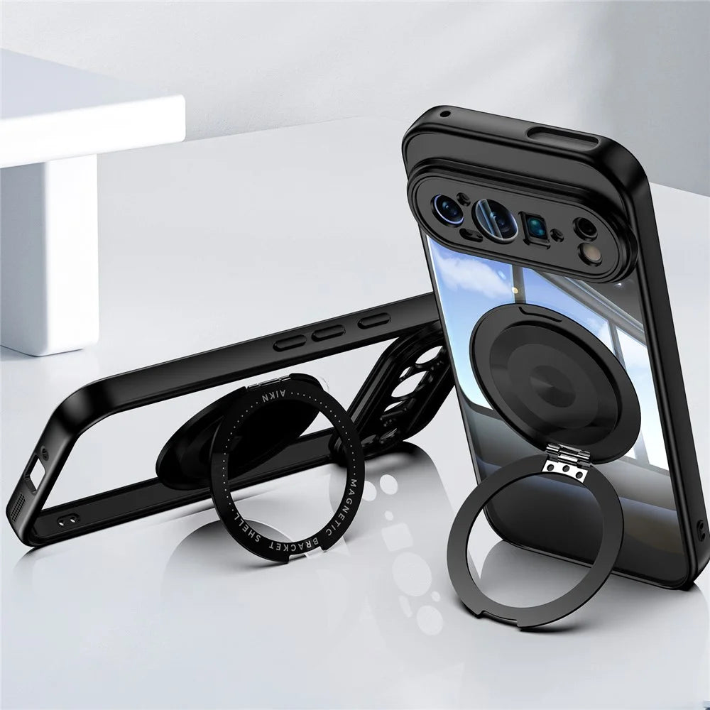 For Google Pixel 9 Pro Magnetic Case PC + TPU Phone Cover with Rotating Metal Kickstand, Lens Protector - Black - 4
