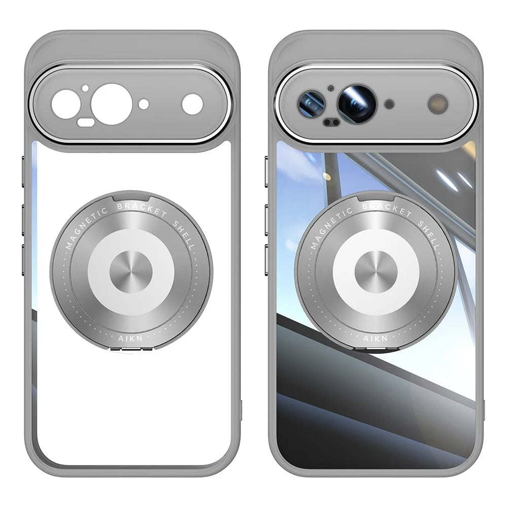 For Google Pixel 9 Magnetic Case PC + TPU Phone Cover with Rotating Metal Kickstand, Lens Protector - Titanium Grey - 1