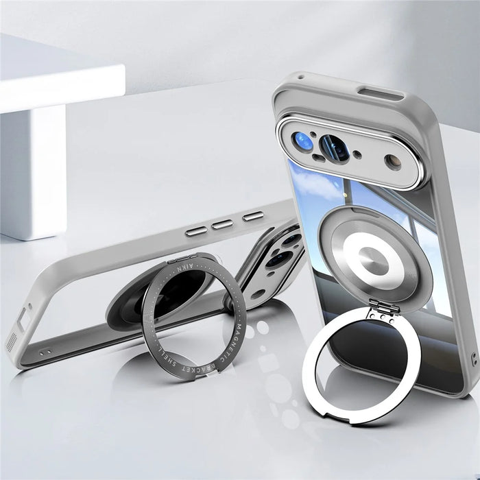 For Google Pixel 9 Magnetic Case PC + TPU Phone Cover with Rotating Metal Kickstand, Lens Protector - Titanium Grey - 3