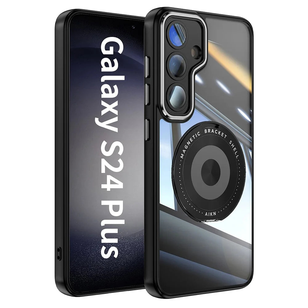 For Samsung Galaxy S24 Magnetic Case PC + TPU Phone Cover with Rotating Metal Kickstand, Lens Protector - Black - 1