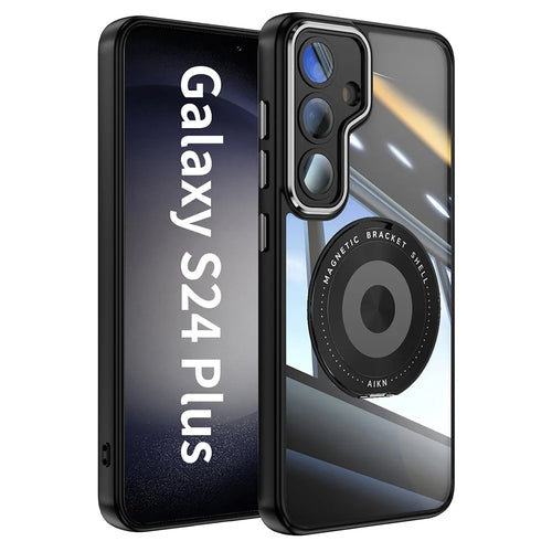 For Samsung Galaxy S24 Magnetic Case PC + TPU Phone Cover with Rotating Metal Kickstand, Lens Protector - Black - 1