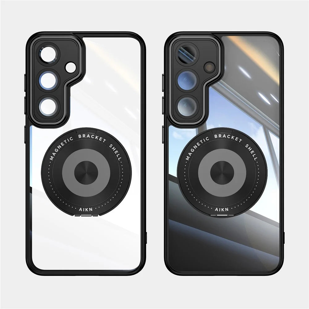 For Samsung Galaxy S24 Magnetic Case PC + TPU Phone Cover with Rotating Metal Kickstand, Lens Protector - Black - 2