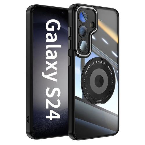 For Samsung Galaxy S24+ Magnetic Case PC + TPU Phone Cover with Rotating Metal Kickstand, Lens Protector - Black - 1