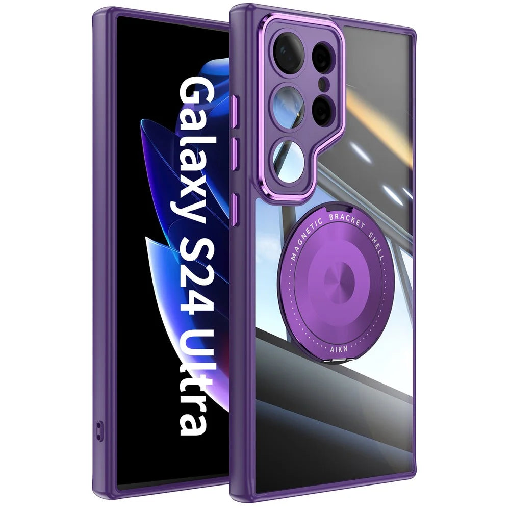 For Samsung Galaxy S24 Ultra Magnetic Case PC + TPU Phone Cover with Rotating Metal Kickstand, Lens Protector - Dark Purple - 1