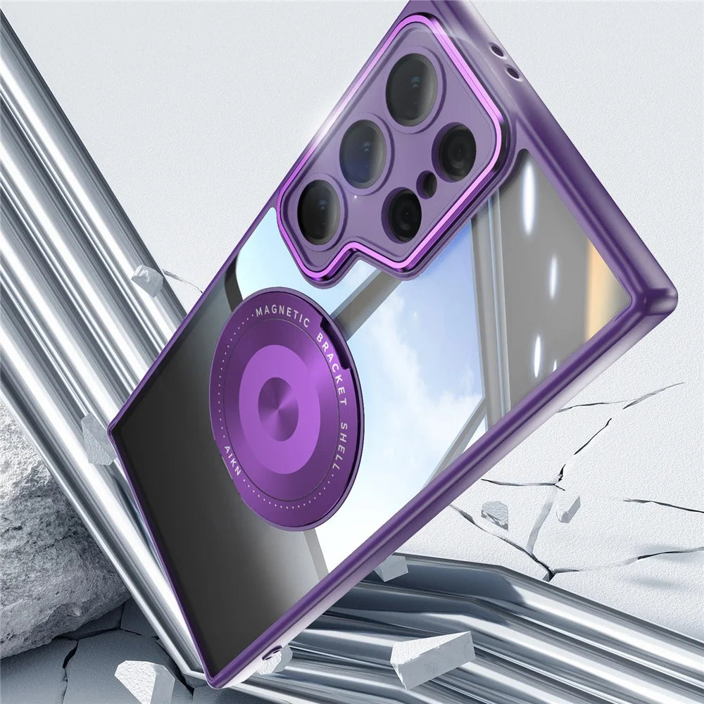 For Samsung Galaxy S24 Ultra Magnetic Case PC + TPU Phone Cover with Rotating Metal Kickstand, Lens Protector - Dark Purple - 5
