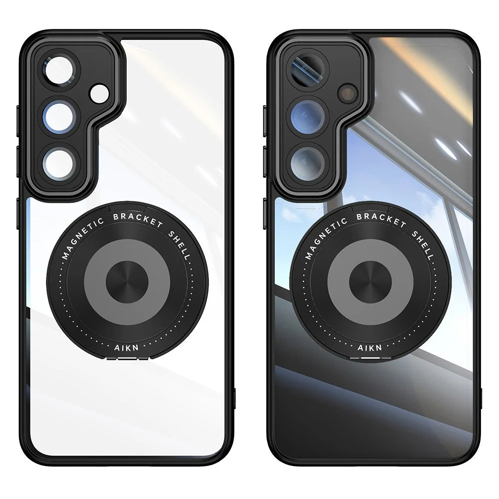 For Samsung Galaxy S25 Magnetic Case PC + TPU Phone Cover with Rotating Metal Kickstand, Lens Protector - Black - 1
