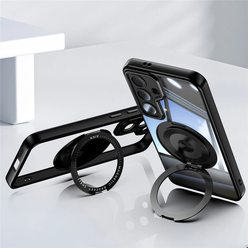For Samsung Galaxy S25+ Magnetic Case PC + TPU Phone Cover with Rotating Metal Kickstand, Lens Protector - Black - 3