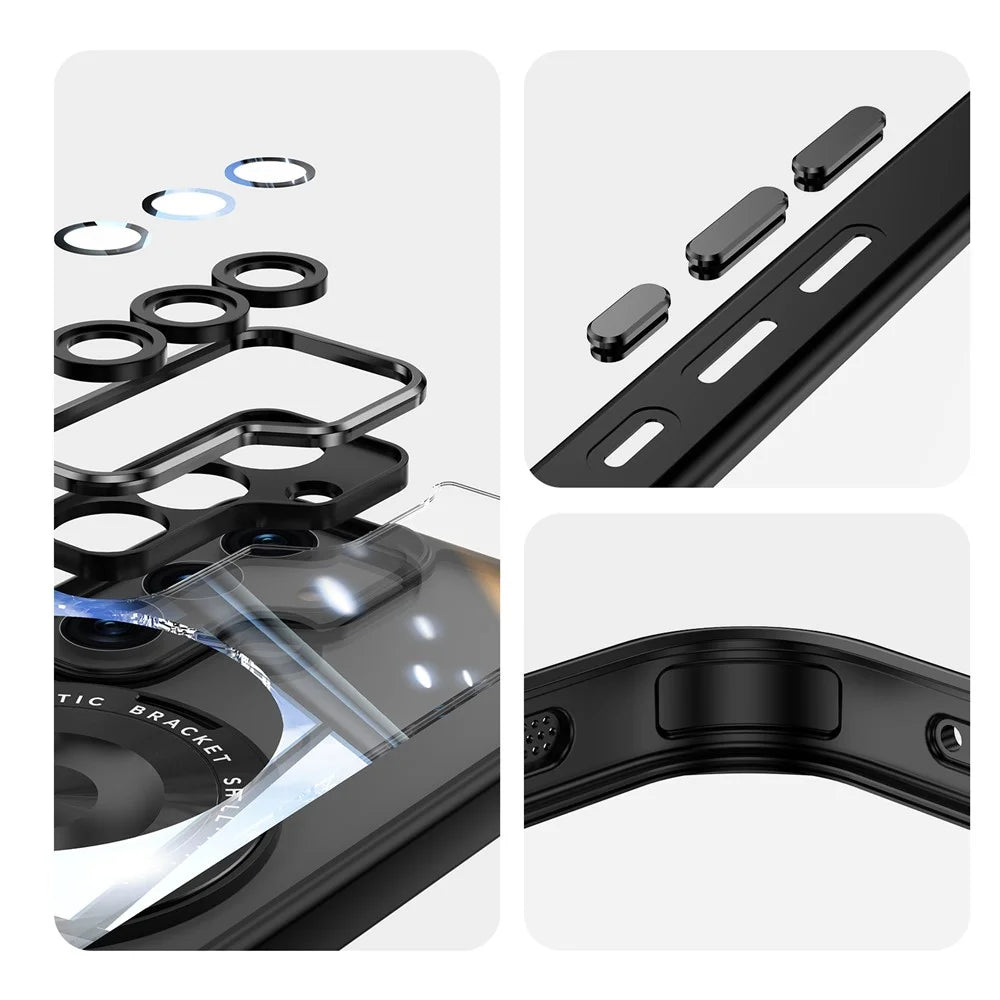 For Samsung Galaxy S25+ Magnetic Case PC + TPU Phone Cover with Rotating Metal Kickstand, Lens Protector - Black - 6