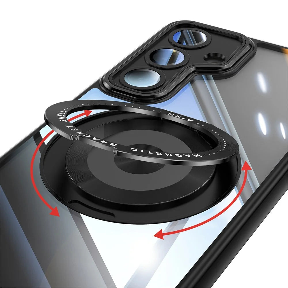 For Samsung Galaxy S25+ Magnetic Case PC + TPU Phone Cover with Rotating Metal Kickstand, Lens Protector - Black - 7
