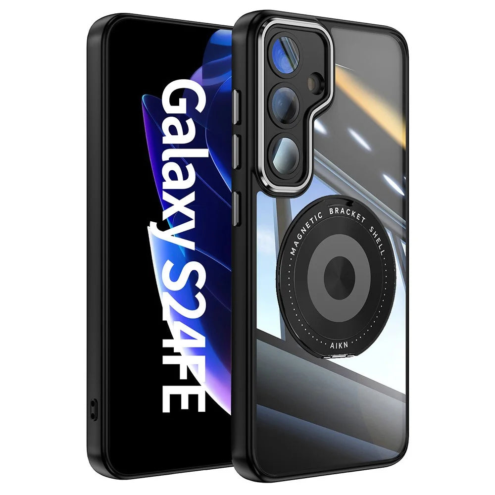 For Samsung Galaxy S24 FE Magnetic Case PC + TPU Phone Cover with Rotating Metal Kickstand, Lens Protector - Black - 1