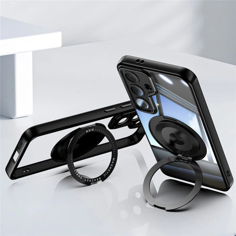 For Samsung Galaxy S24 FE Magnetic Case PC + TPU Phone Cover with Rotating Metal Kickstand, Lens Protector - Black - 4