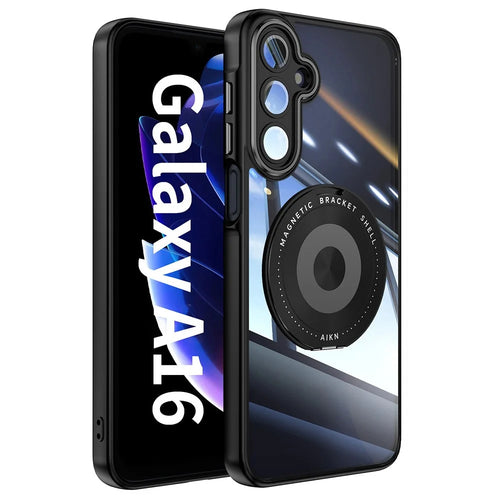 For Samsung Galaxy A16 4G / 5G Magnetic Case PC + TPU Phone Cover with Rotating Metal Kickstand, Lens Protector - Black - 1