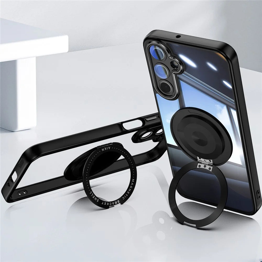 For Samsung Galaxy A16 4G / 5G Magnetic Case PC + TPU Phone Cover with Rotating Metal Kickstand, Lens Protector - Black - 4