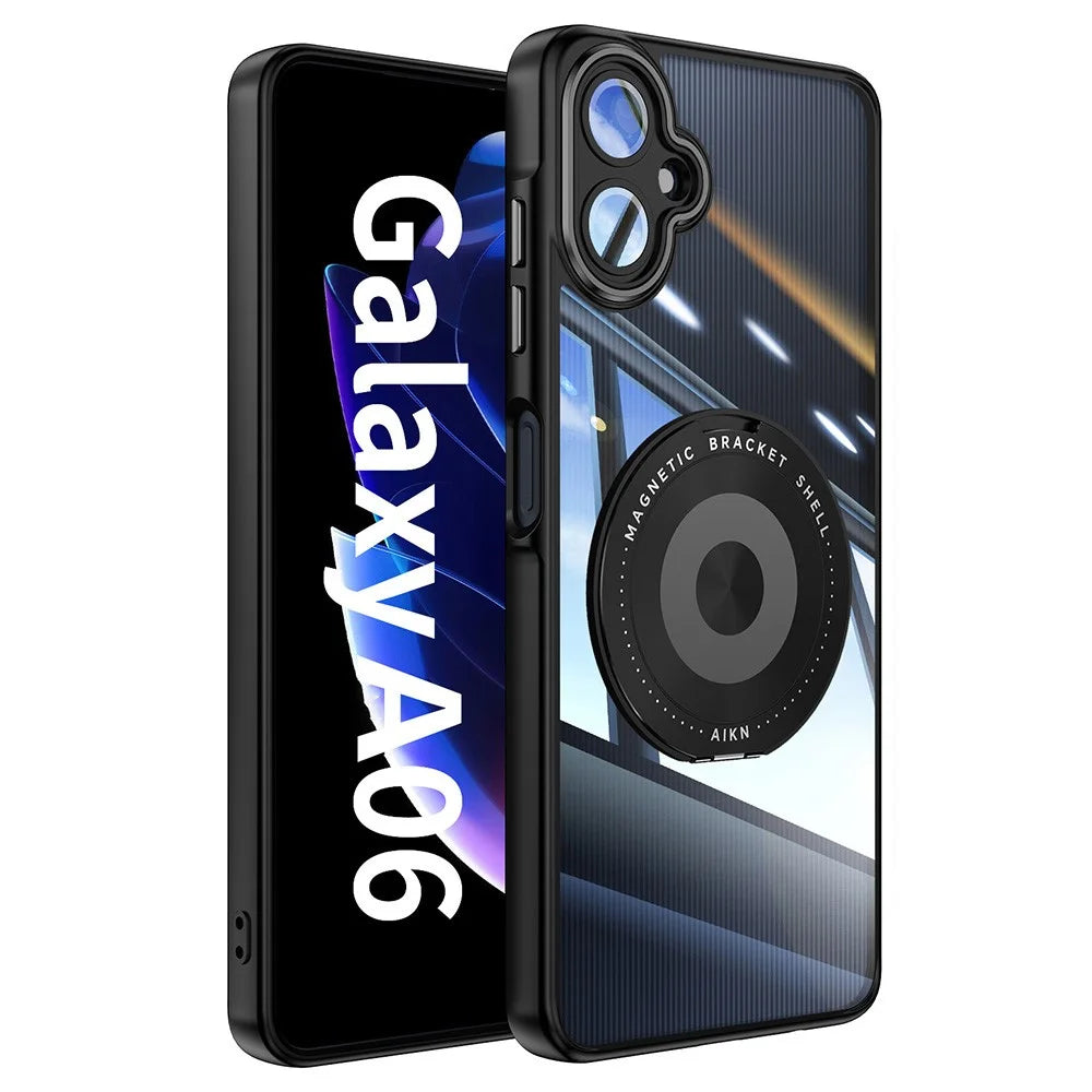 For Samsung Galaxy A06 4G Magnetic Case PC + TPU Phone Cover with Rotating Metal Kickstand, Lens Protector - Black - 1