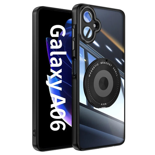 For Samsung Galaxy A06 4G Magnetic Case PC + TPU Phone Cover with Rotating Metal Kickstand, Lens Protector - Black - 1