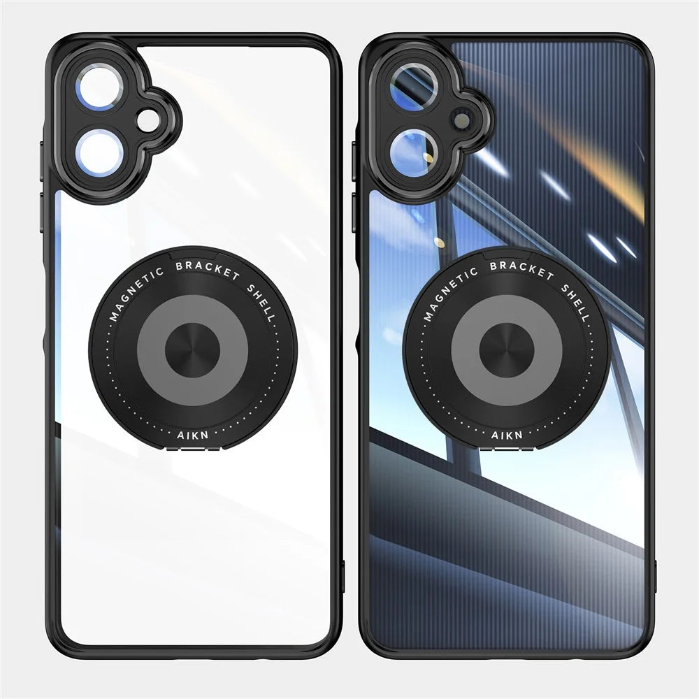 For Samsung Galaxy A06 4G Magnetic Case PC + TPU Phone Cover with Rotating Metal Kickstand, Lens Protector - Black - 2