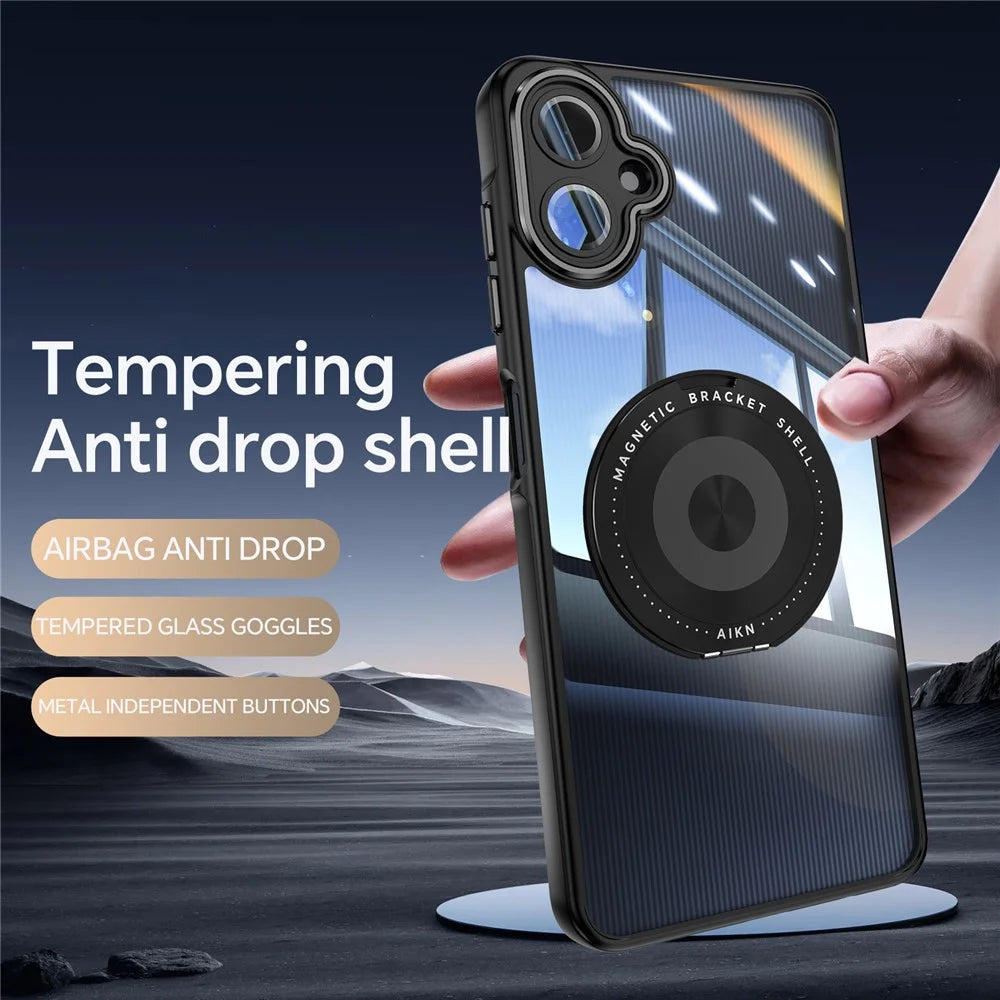 For Samsung Galaxy A06 4G Magnetic Case PC + TPU Phone Cover with Rotating Metal Kickstand, Lens Protector - Black - 3
