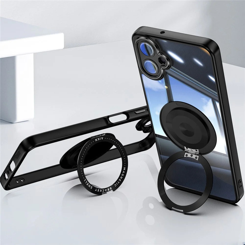 For Samsung Galaxy A06 4G Magnetic Case PC + TPU Phone Cover with Rotating Metal Kickstand, Lens Protector - Black - 4