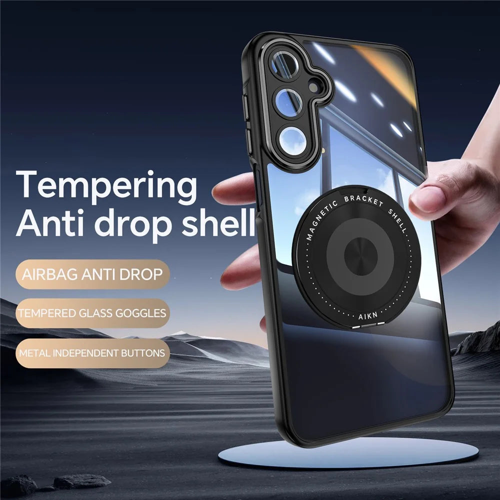 For Samsung Galaxy A26 5G Magnetic Case PC + TPU Phone Cover with Rotating Metal Kickstand, Lens Protector - Black - 2