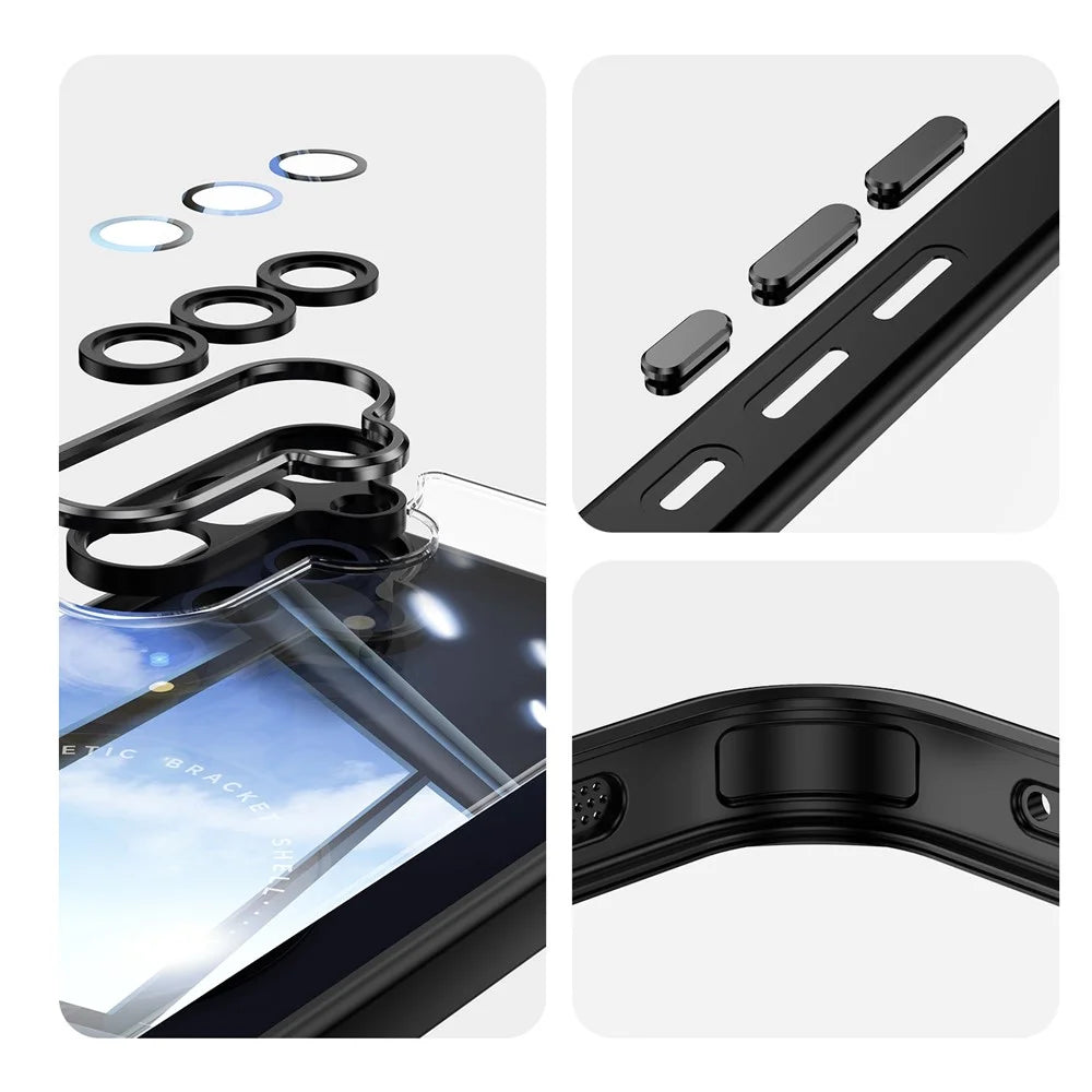 For Samsung Galaxy A26 5G Magnetic Case PC + TPU Phone Cover with Rotating Metal Kickstand, Lens Protector - Black - 6