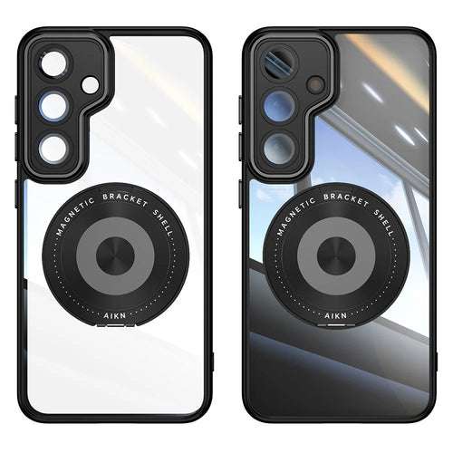 For Samsung Galaxy A36 5G / A56 5G Magnetic Case PC + TPU Phone Cover with Rotating Metal Kickstand, Lens Protector - Black - 1