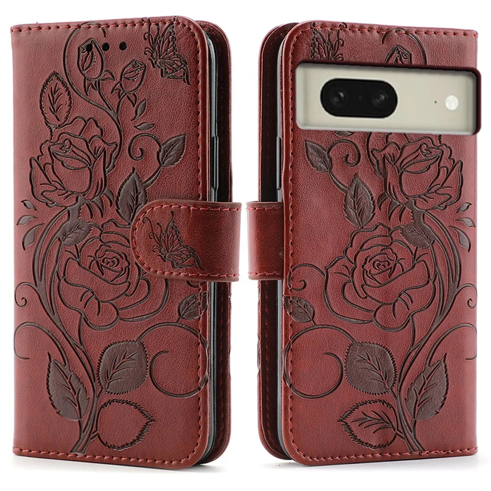 For Google Pixel 8 Case Wallet Stand Imprinted Rose Butterfly PU Leather Phone Cover - Brown - 1