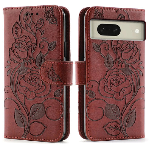 For Google Pixel 8 Case Wallet Stand Imprinted Rose Butterfly PU Leather Phone Cover - Brown - 1