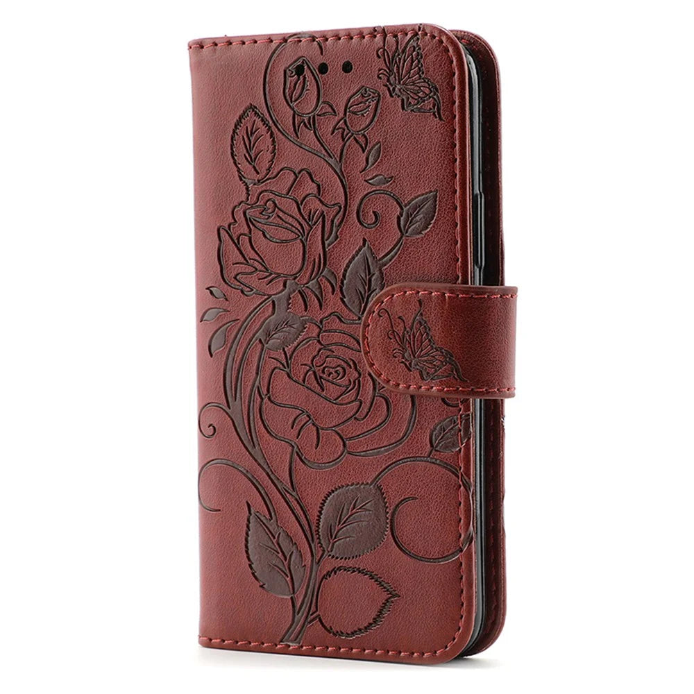 For Google Pixel 8 Case Wallet Stand Imprinted Rose Butterfly PU Leather Phone Cover - Brown - 4