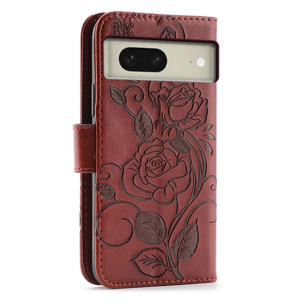 For Google Pixel 8 Case Wallet Stand Imprinted Rose Butterfly PU Leather Phone Cover - Brown - 5