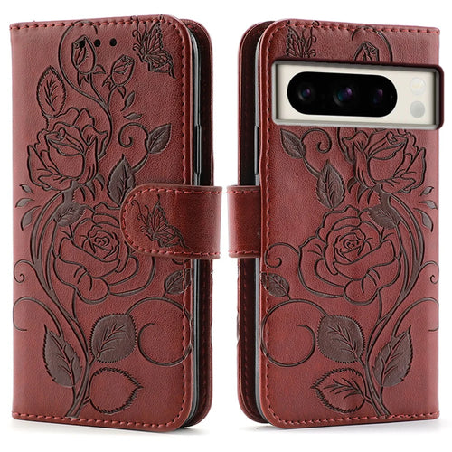 For Google Pixel 8 Pro Case Wallet Stand Imprinted Rose Butterfly PU Leather Phone Cover - Brown - 1
