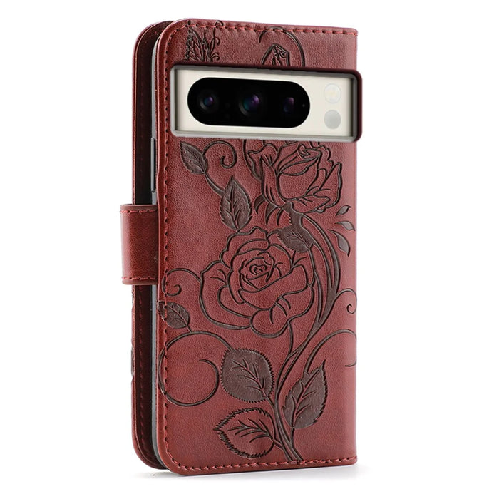 For Google Pixel 8 Pro Case Wallet Stand Imprinted Rose Butterfly PU Leather Phone Cover - Brown - 5