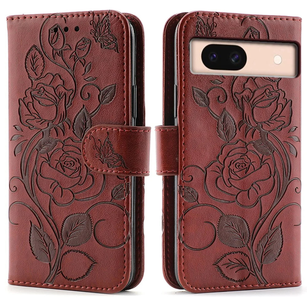 For Google Pixel 8a Case Wallet Stand Imprinted Rose Butterfly PU Leather Phone Cover - Brown - 1