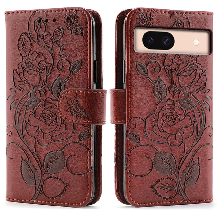 For Google Pixel 8a Case Wallet Stand Imprinted Rose Butterfly PU Leather Phone Cover - Brown - 1