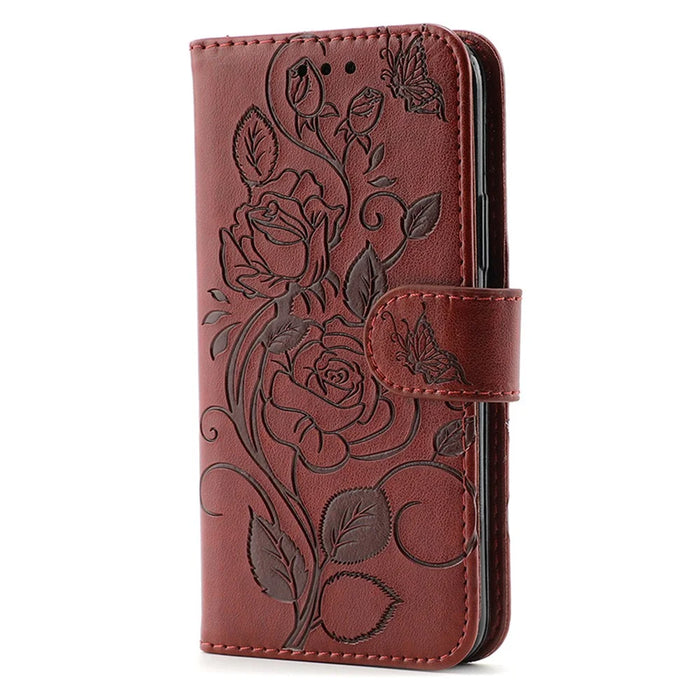 For Google Pixel 8a Case Wallet Stand Imprinted Rose Butterfly PU Leather Phone Cover - Brown - 4