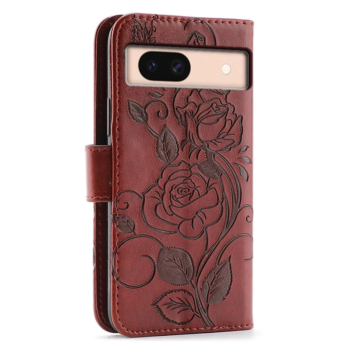 For Google Pixel 8a Case Wallet Stand Imprinted Rose Butterfly PU Leather Phone Cover - Brown - 5
