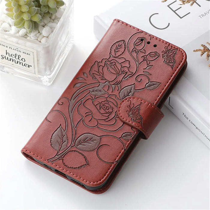 For Google Pixel 8a Case Wallet Stand Imprinted Rose Butterfly PU Leather Phone Cover - Brown - 6