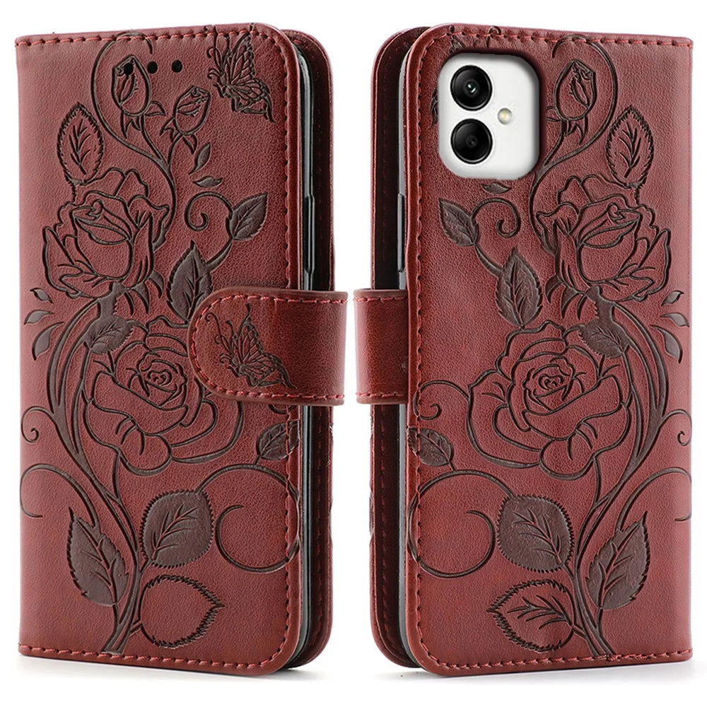 For Samsung Galaxy A05 4G Case Wallet Stand Imprinted Rose Butterfly PU Leather Phone Cover - Brown - 1