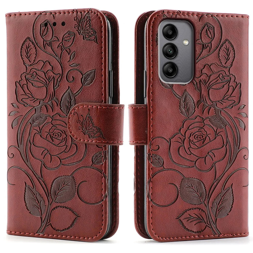 For Samsung Galaxy A05s 4G Case Wallet Stand Imprinted Rose Butterfly PU Leather Phone Cover - Brown - 1