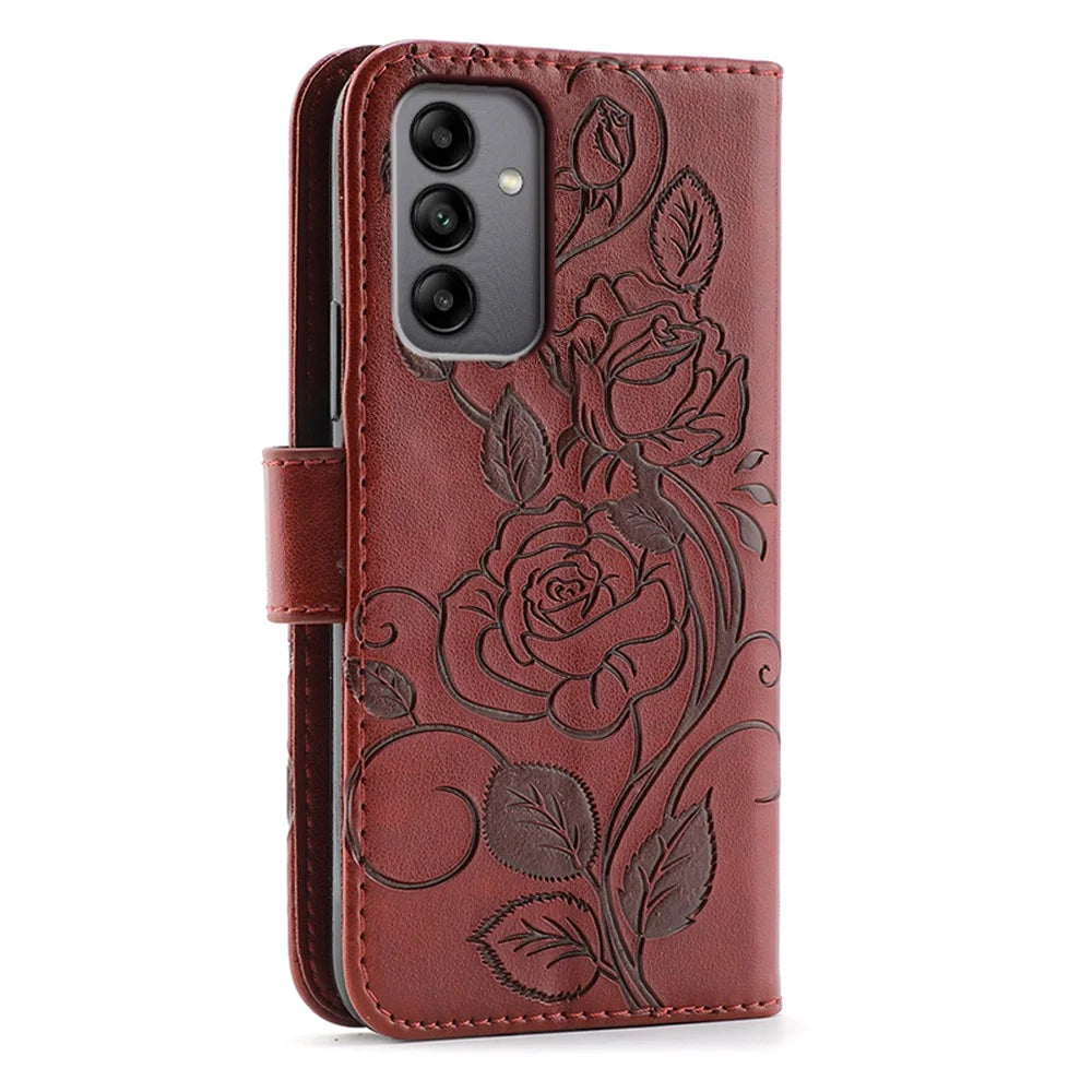 For Samsung Galaxy A05s 4G Case Wallet Stand Imprinted Rose Butterfly PU Leather Phone Cover - Brown - 5