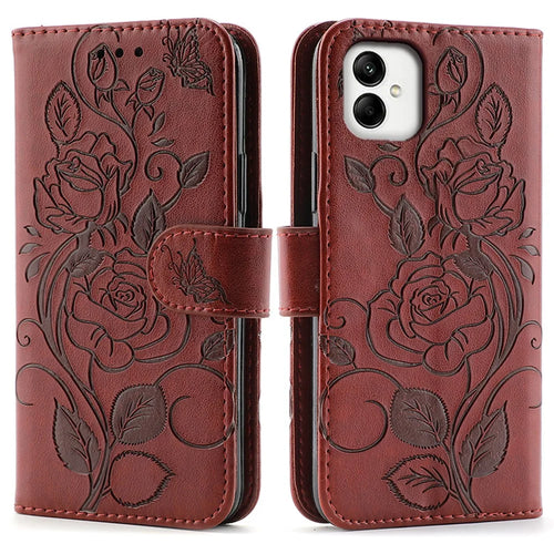 For Samsung Galaxy A08 5G / A08 4G / A07 4G / A06 4G / A06 5G Case Wallet Stand Imprinted Rose Butterfly PU Leather Phone Cover - Brown - 1