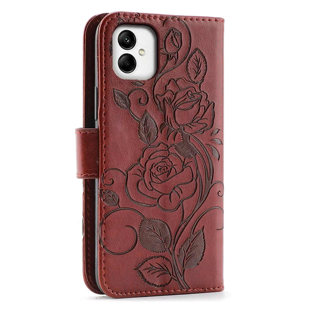 For Samsung Galaxy A08 5G / A08 4G / A07 4G / A06 4G / A06 5G Case Wallet Stand Imprinted Rose Butterfly PU Leather Phone Cover - Brown - 5