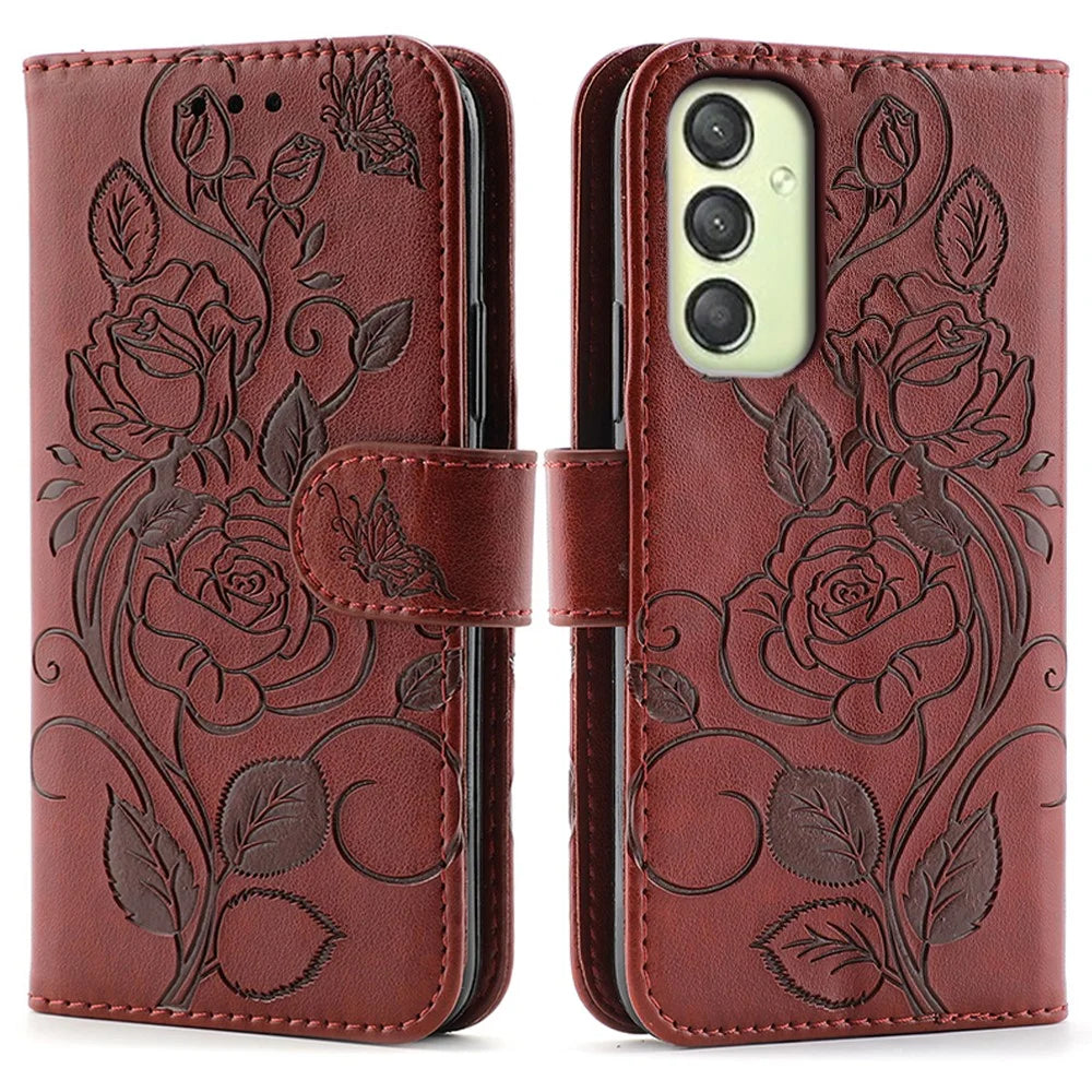 For Samsung Galaxy A15 4G / 5G Case Wallet Stand Imprinted Rose Butterfly PU Leather Phone Cover - Brown - 1