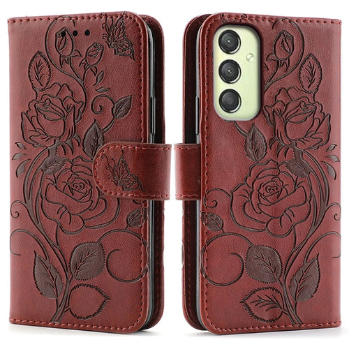 For Samsung Galaxy A15 4G / 5G Case Wallet Stand Imprinted Rose Butterfly PU Leather Phone Cover - Brown - 1