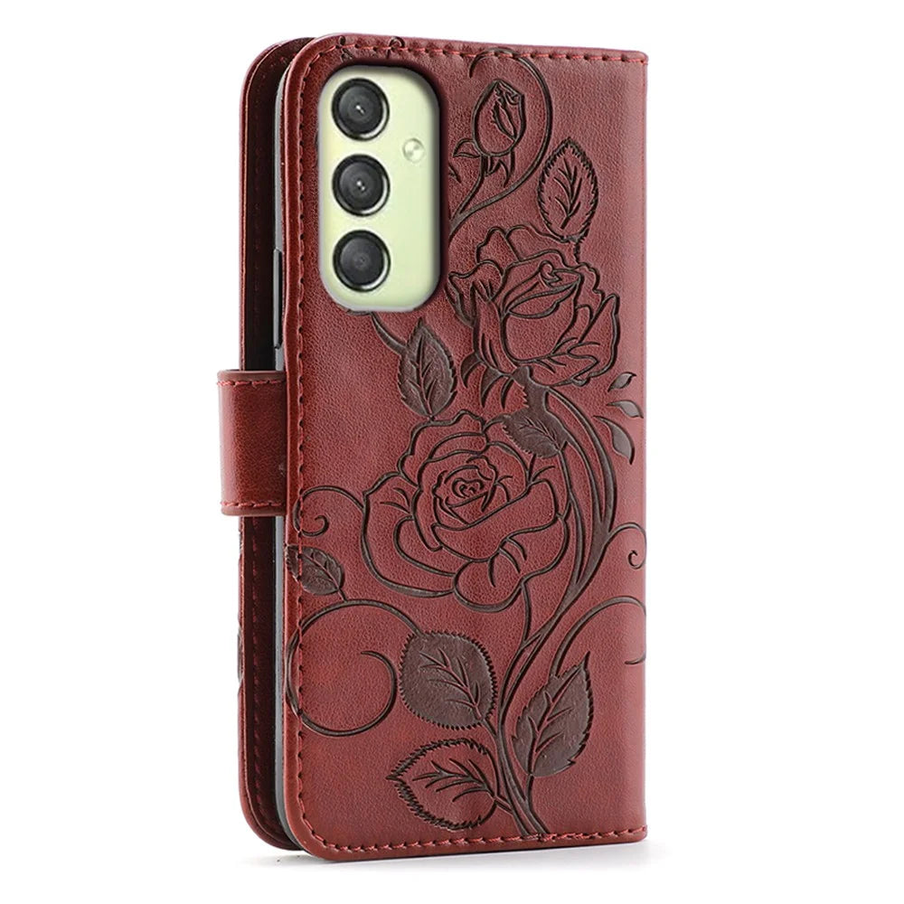 For Samsung Galaxy A15 4G / 5G Case Wallet Stand Imprinted Rose Butterfly PU Leather Phone Cover - Brown - 5