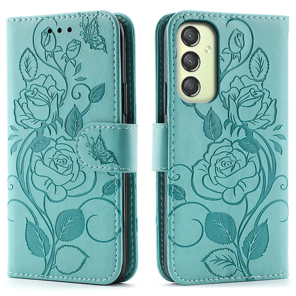 Phone Case For Samsung Galaxy A18 5G / A18 4G / A17 5G / A17 4G / A26 5G / A16 5G / A16 4G Wallet Stand Imprinted Rose Butterfly PU Leather Cover - Green - 1