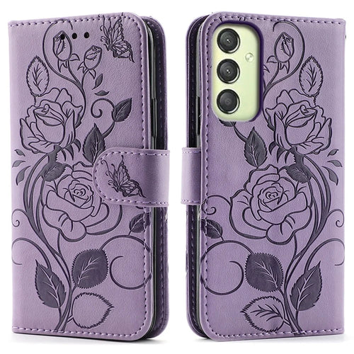 For Samsung Galaxy A25 5G (Global) (161.0mm) Case Wallet Stand Imprinted Rose Butterfly PU Leather Phone Cover - Purple - 1