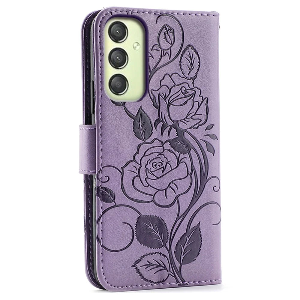 For Samsung Galaxy A25 5G (Global) (161.0mm) Case Wallet Stand Imprinted Rose Butterfly PU Leather Phone Cover - Purple - 5